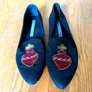 Veronica Beard Black Flats with Red and Gold Embroidery